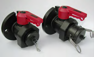 Two black valve taps with red handles are shown. Each valve has a metal pull ring attached to the side. They are placed against a plain white background.